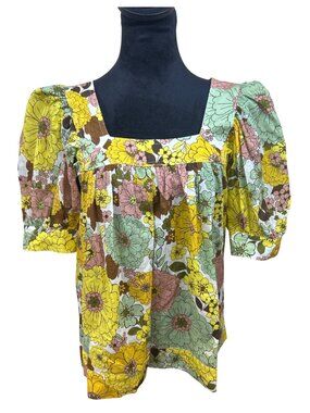Smythe Blouse Top Women's XS Retro 60's 70's Floral Puff Sleeve Square Neck
